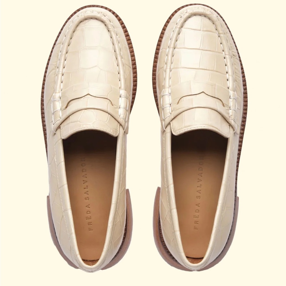 Freda Salvador Elba Penny Loafers in Sand Embossed Croc